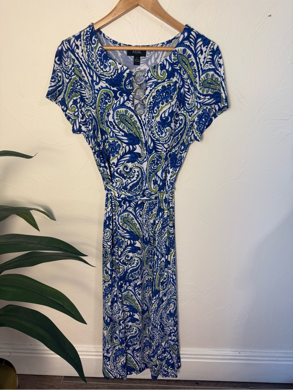 MSK Blue Green Paisley Belted Midi Dress Size Large - Picture 2 of 5